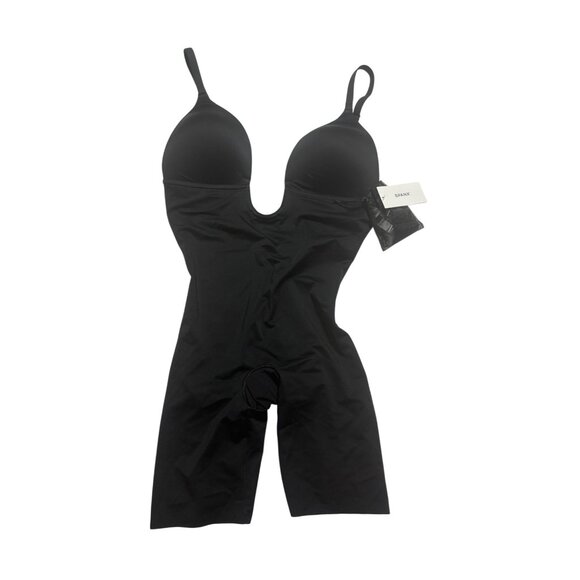 Spanx Plunge Low-Back Mid-Thigh Bodysuit in Black